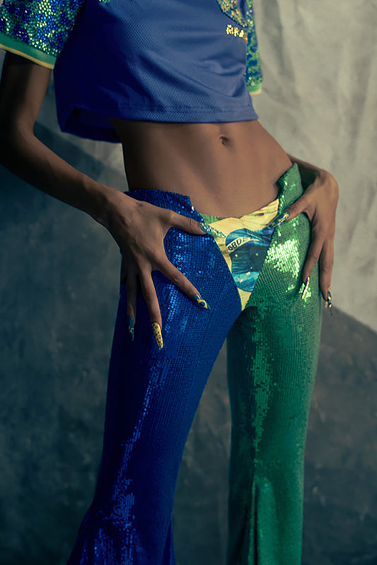 Calça Dupla Paetê Azul e Verde