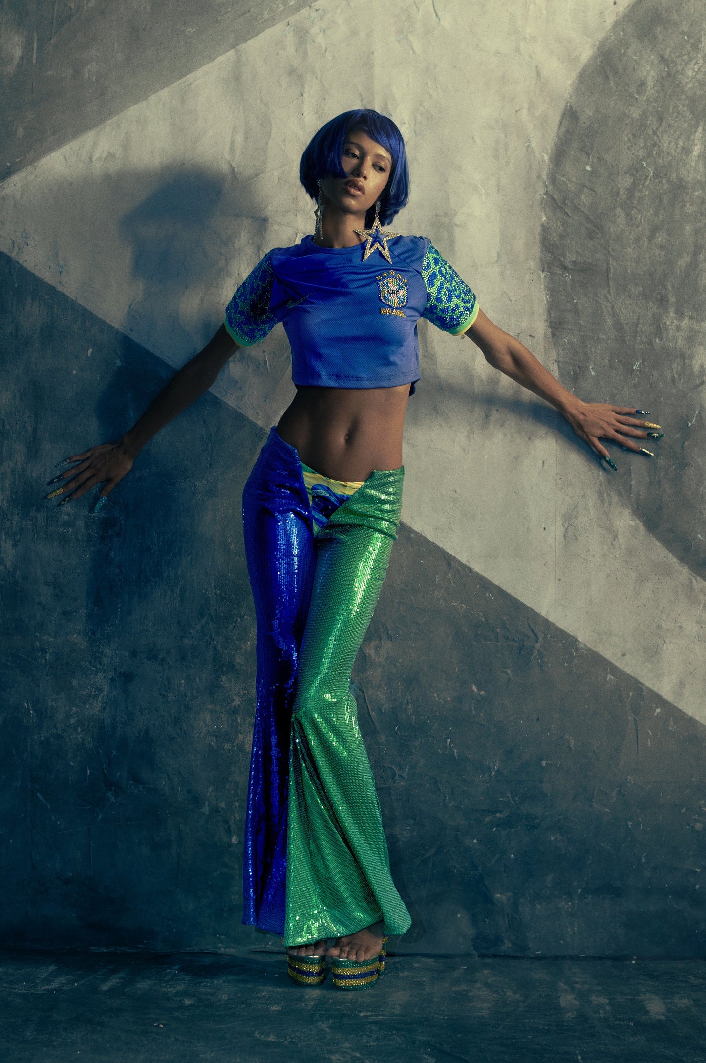 Calça Dupla Paetê Azul e Verde
