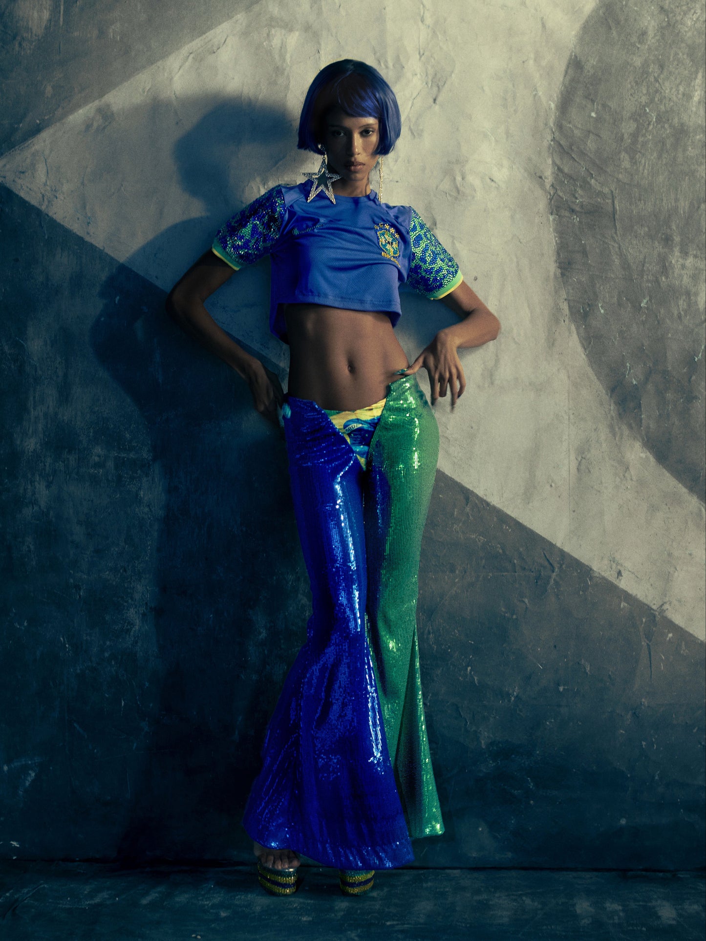 Calça Dupla Paetê Azul e Verde