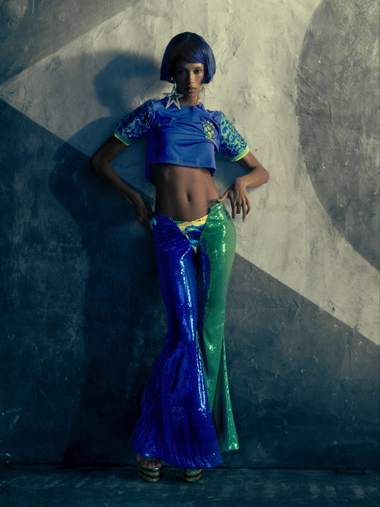 Calça Dupla Paetê Azul e Verde