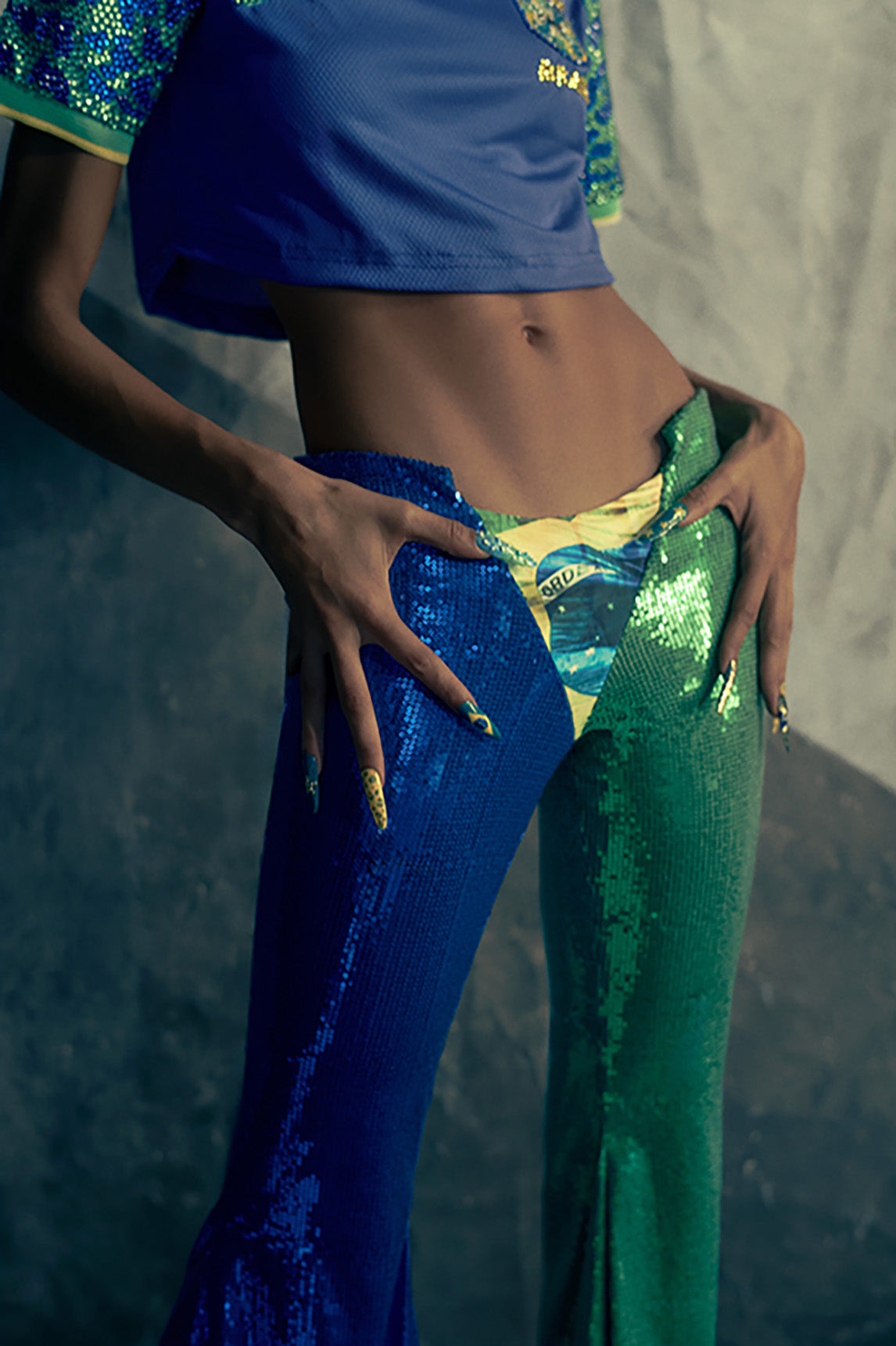 Calça Dupla Paetê Azul e Verde