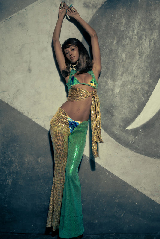 Calça Dupla Paetê Dourado e Verde