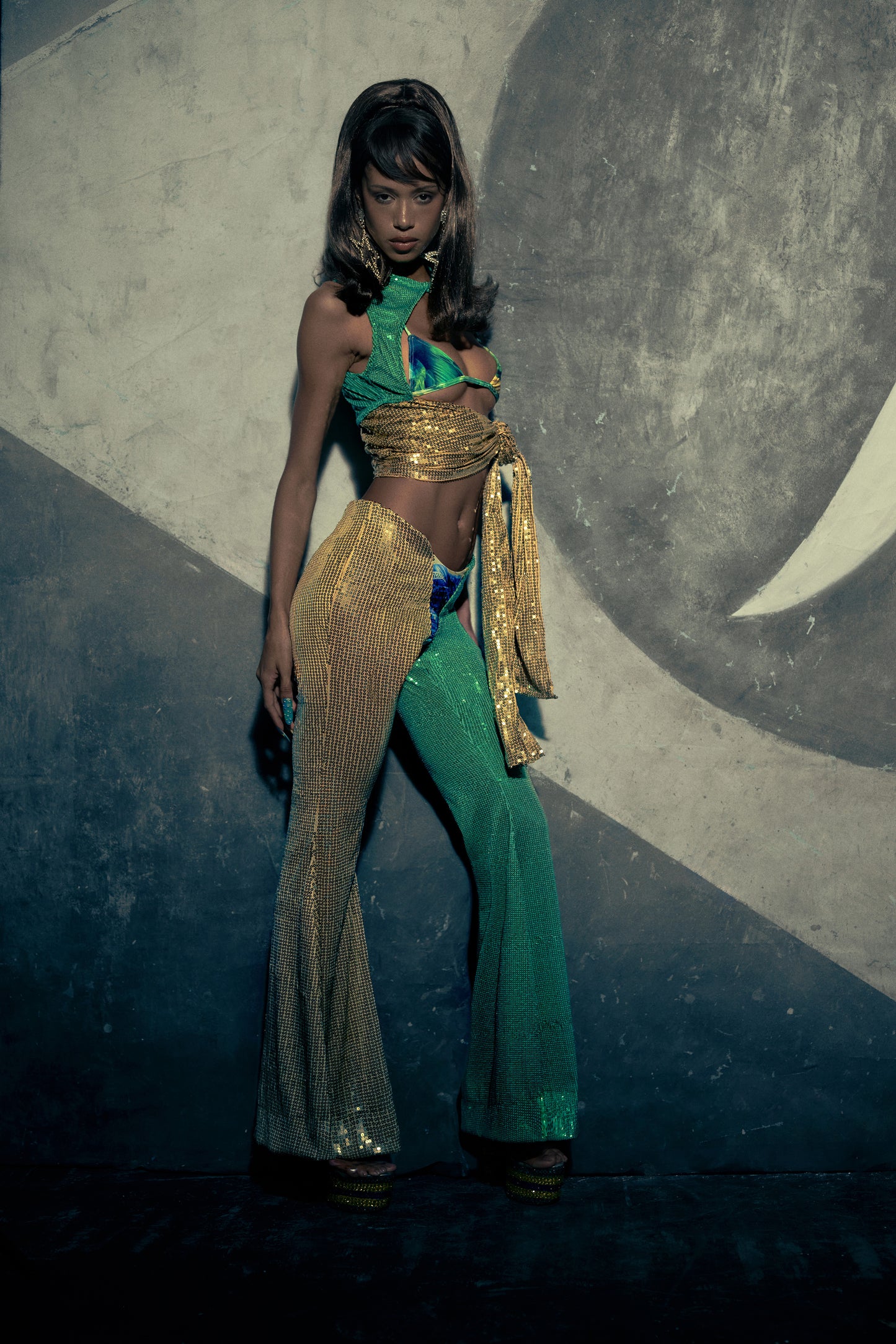 Calça Dupla Paetê Dourado e Verde